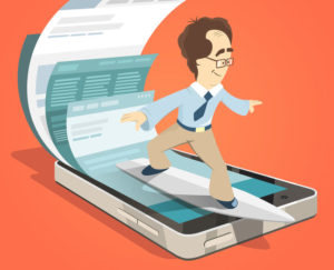 Animated drawing of a man surfing the web on a mobile device.