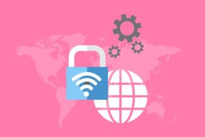 Pink background with a world map overlayed with a lock, the internet world symbol, and a settings gear.