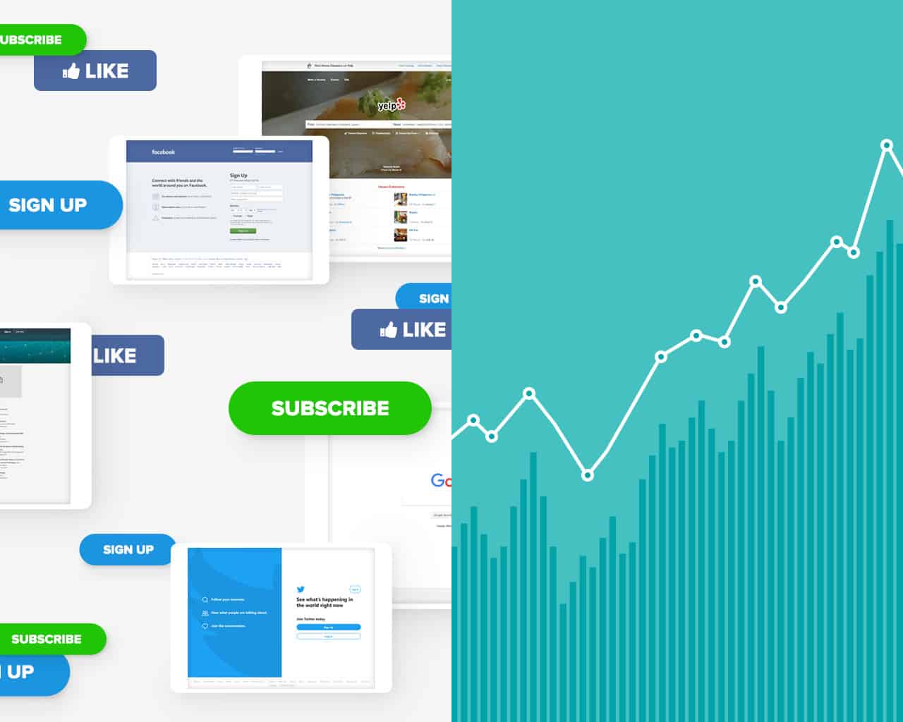 Half of the image has conversion examples on it and the other half has a green graphic of a line graph increasing.