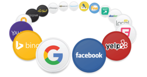 A graphic representation of various company logos, presumably highlighting major internet platforms and services, interconnected in a circular arrangement.