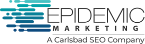 Logo of Epidemic Marketing, a Carlsbad SEO company, featuring stylized blue dots and horizontal lines on the left.