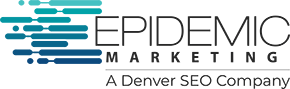 Logo of Epidemic Marketing, a Denver SEO company, with stylized blue horizontal lines forming a shape on the left.