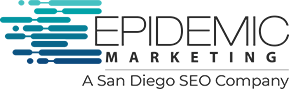 Logo of Epidemic Marketing with blue and teal gradient lines, next to the company name. Text below reads: "A San Diego SEO Company.