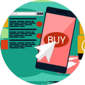 An arrow pointing to a mobile phone with a buy sign on the screen, web results in the background