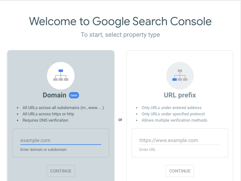 Google Search Console Dashboard saying "Welcome to Search console".