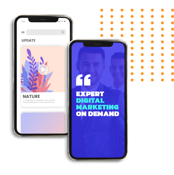 two cellphones with expert digital marketing on demand text flashed on screen