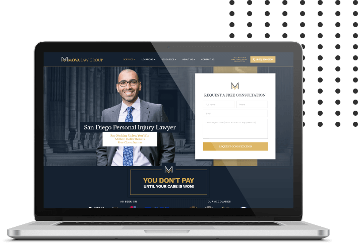 Mova Law Group home page flashed on a laptop screen