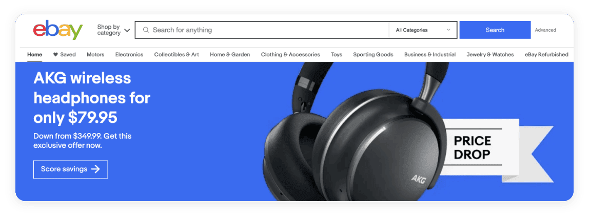 A screenshot of eBay home page with a banner of AKG wireless headphones on sale