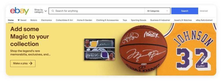 A screenshot of eBay home page with a banner of Lakers rare memorabilia