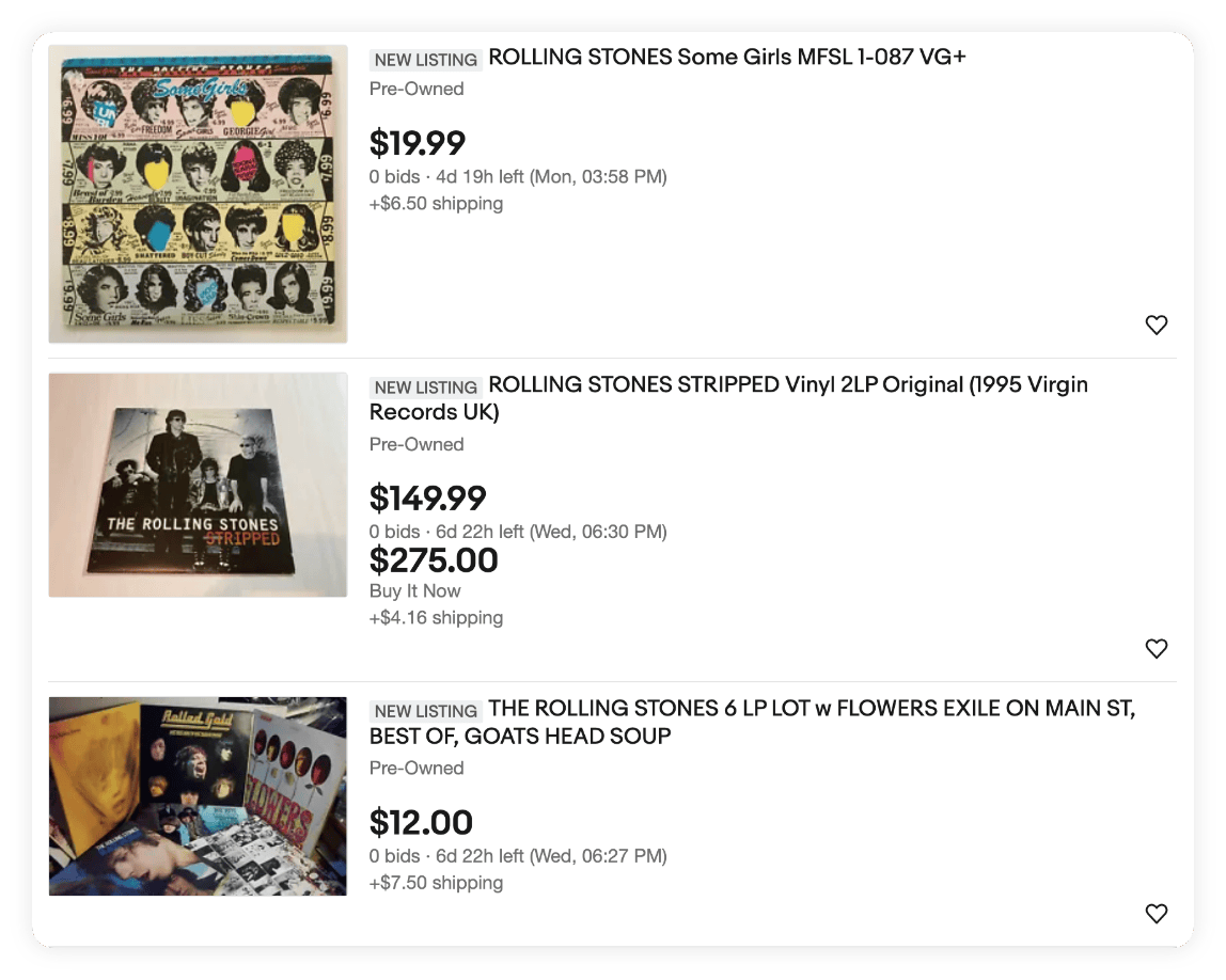 A screenshot of eBay new listings for Rolling Stones old Vinyl records