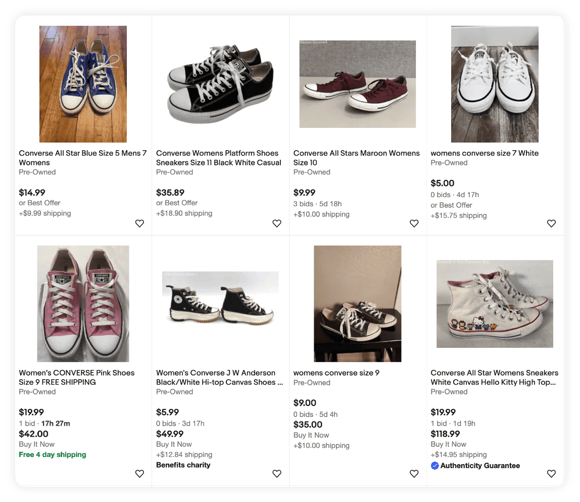 A screenshot of eBay search results returned for the search term Converse Sneakers