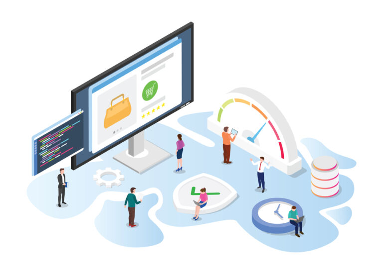 graphics illustration of miniature people looking at shopping website in computer monitors