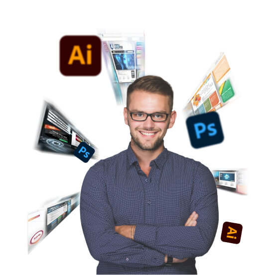 Man in glasses and blue shirt smiling, arms crossed, with icons of design software like photoshop and illustrator floating around him.