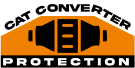 Logo for "cat converter protection" featuring a stylized catalytic converter graphic inside an orange and black shield.