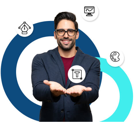 Smiling man in glasses and a blazer presenting with open hands, overlayed with icons representing home, chat, and text, against a graphic background with blue circles.