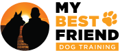 Silhouetted person and dog sitting, facing a sunset, with the logo and text "best dog training" on the right.