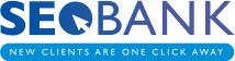 Logo of seobank featuring a stylized white bird on a blue background, next to the text "seobank" in blue and the slogan "new clients are one click away" in grey.