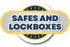 Logo of safesand lockboxes featuring a stylized clock design in yellow and gray, encircled with the company name on a dark blue background.