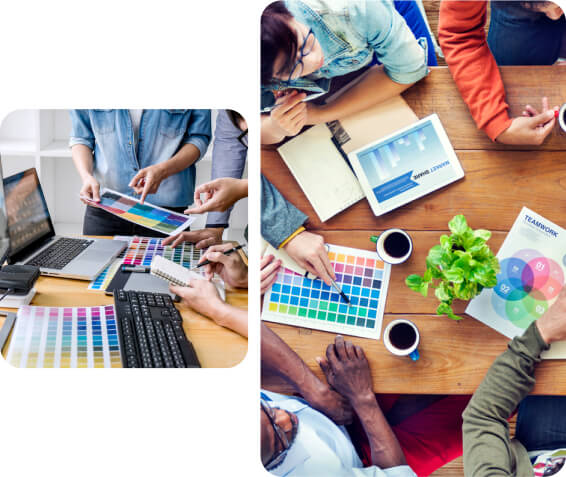 A collage of three images showing professionals in meetings: discussing color palettes, analyzing data on tablets, and engaging in a team brainstorming session.