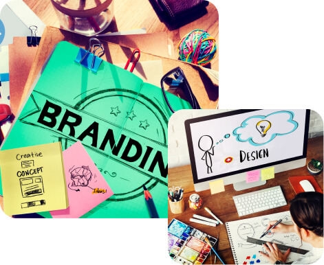 Collage of creative workspace scenes including a branding mood board, colorful desk supplies, and a person sketching a design on paper.