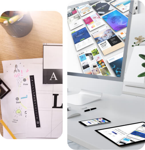 Two images side-by-side: left image shows a creative workspace with sketching tools and notes; right image displays a digital design workspace with a computer and mobile device.
