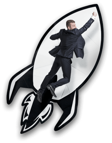 Businessman in a suit striking a superhero pose while leaping through a stylized, rocket-shaped cutout.