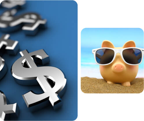 A split image featuring large 3d dollar signs on the left and a piggy bank wearing sunglasses on a beach on the right.