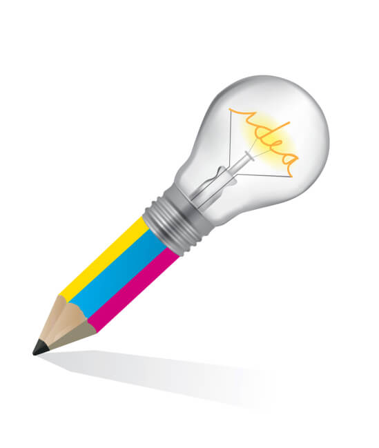 Illustration of a light bulb with the word "idea" inside, fused on top of a multicolored pencil, on a white background.