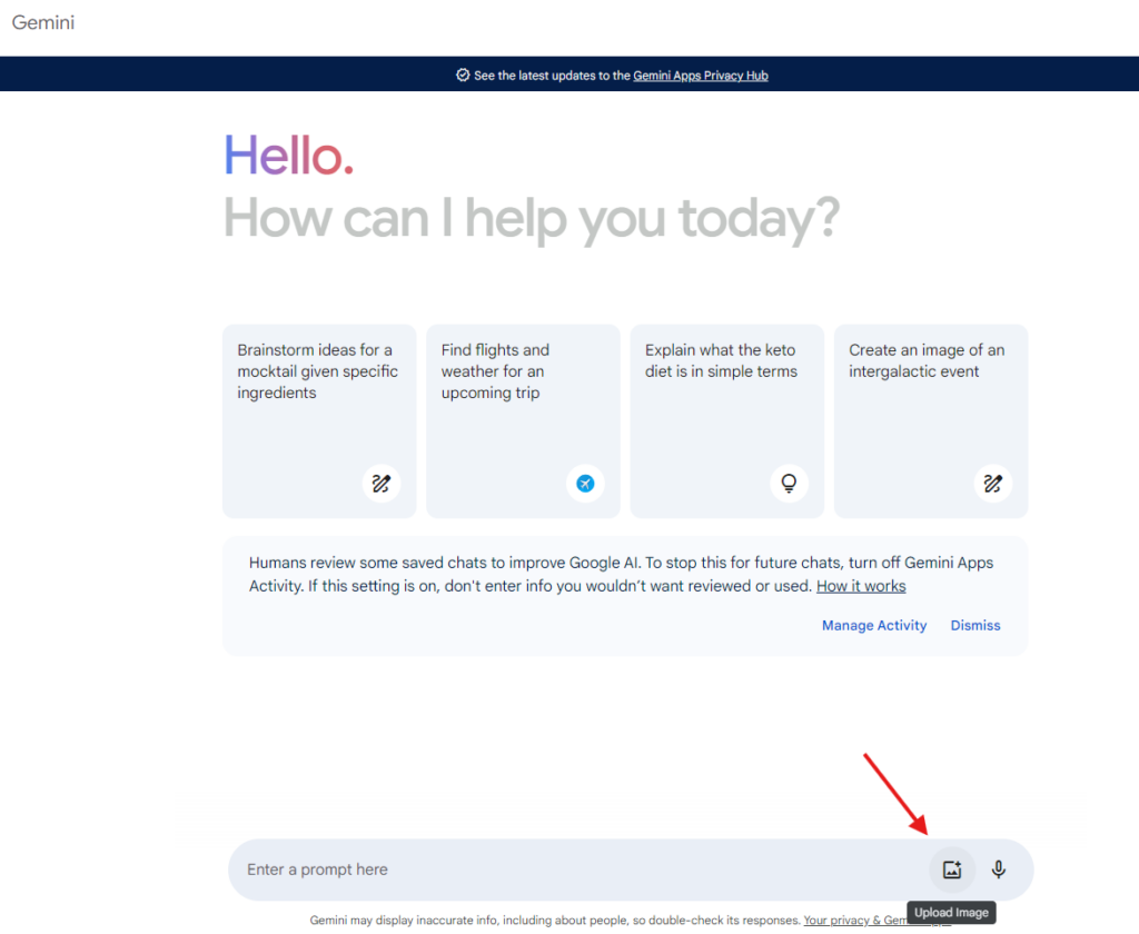 A web page titled "How can I help you today?" with options like brainstorming ideas, finding flights, and explaining technical concepts. A red arrow points to the "Upload Image" button near the chat input box.