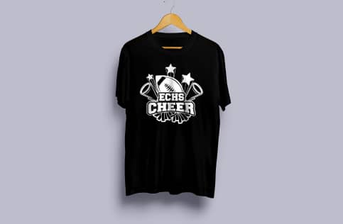 Black t-shirt on a hanger with "ECHS Cheer" and cheerleading graphics printed in white.