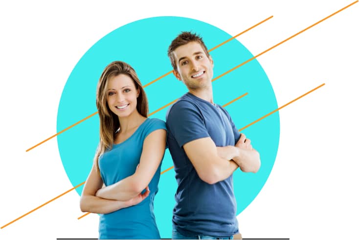 A smiling woman and man stand back-to-back with arms crossed in a confident pose. There is a teal circle with orange diagonal lines in the background.