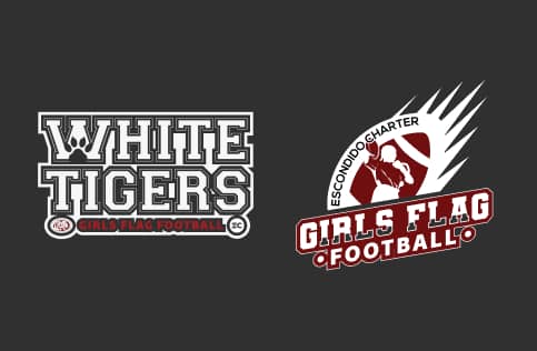 Logos on a black background. Left logo reads "White Tigers Girls Flag Football." Right logo reads "Escondido Charter Girls Flag Football" with a stylized player silhouette holding a ball.